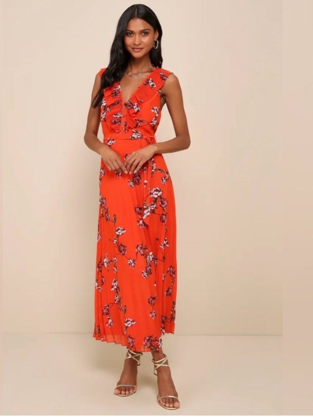 Lulus orange red maxi dress floral summer wedding pleated romantic floral XL EUC - Picture 2 of 16
